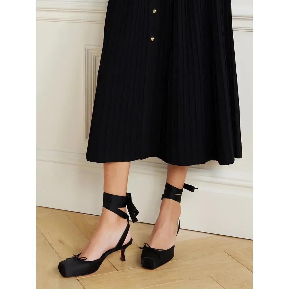 Christian Louboutin Cassia Lace Up 55 Black Tie Ballet Sandal Low Heel Pump 36.5